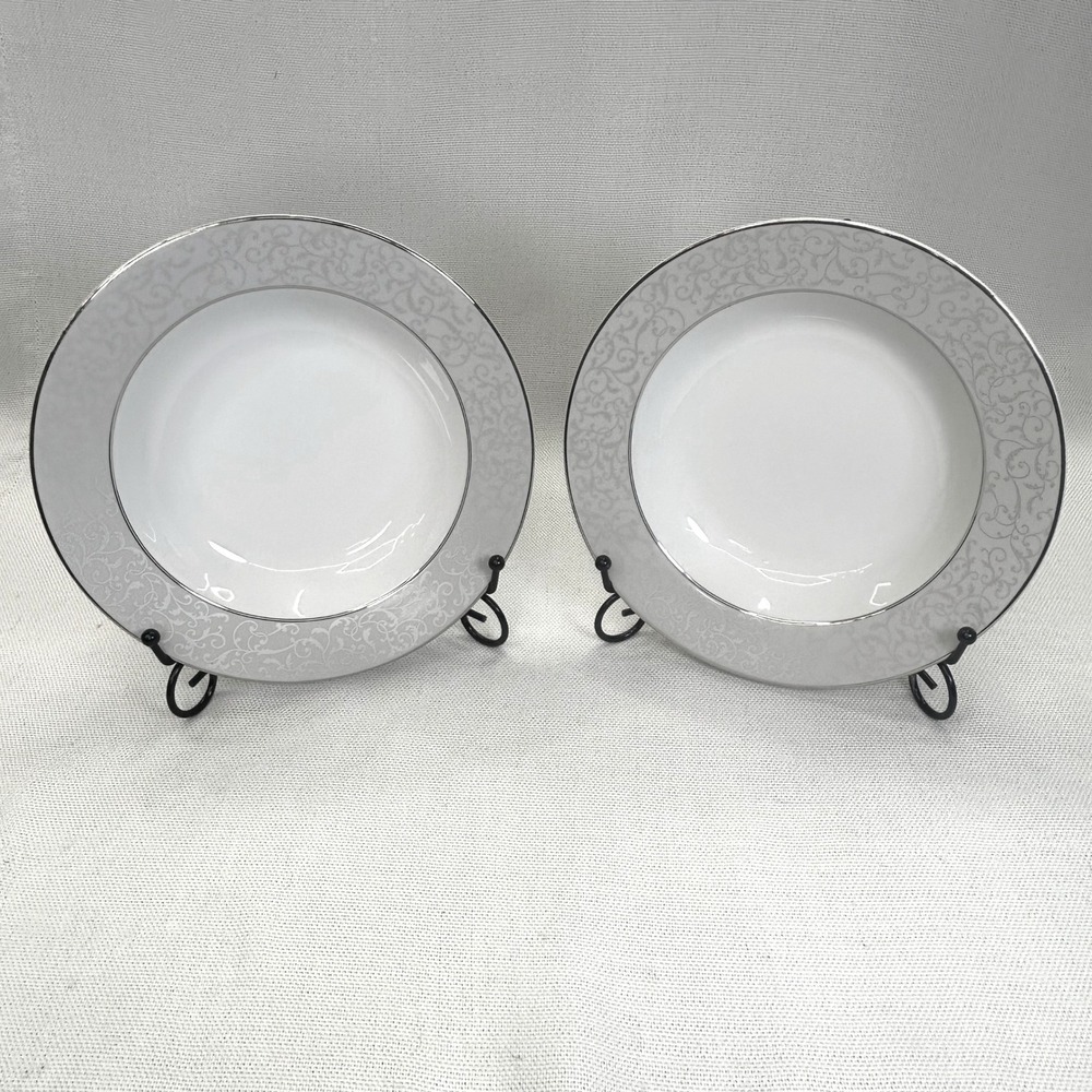 Mikasa Parchment L3438 Soup Bowl Set 2 Gray Platinum Silver Trim Fine China NEW